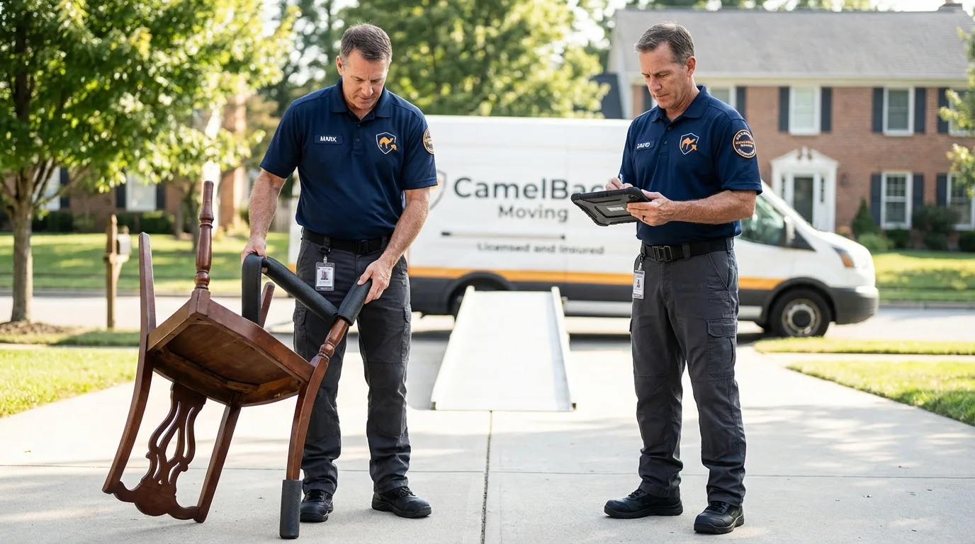 Movers inspecting furniture for damage prevention before loading in Port Ludlow, WA