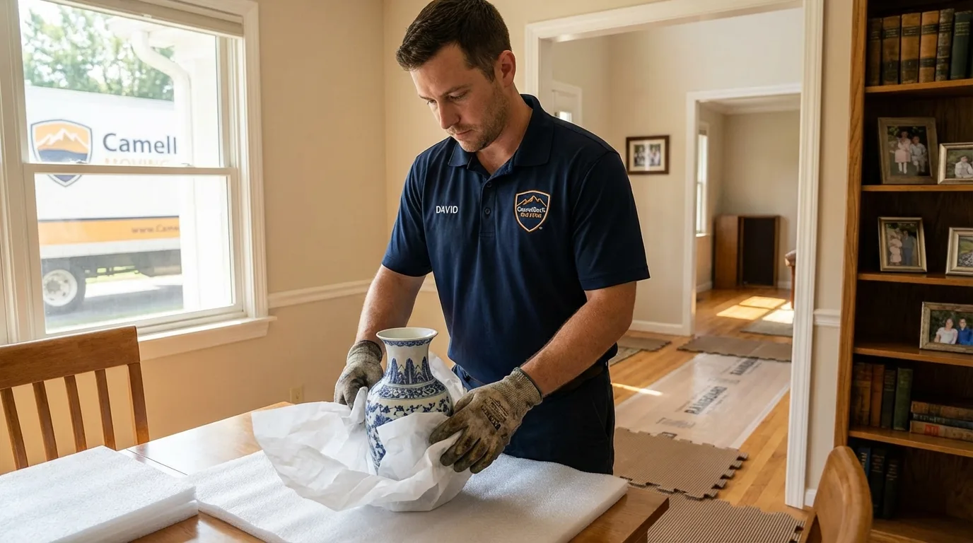 Professional crew carefully wrapping antique vase for senior downsizing move in Port Ludlow, WA